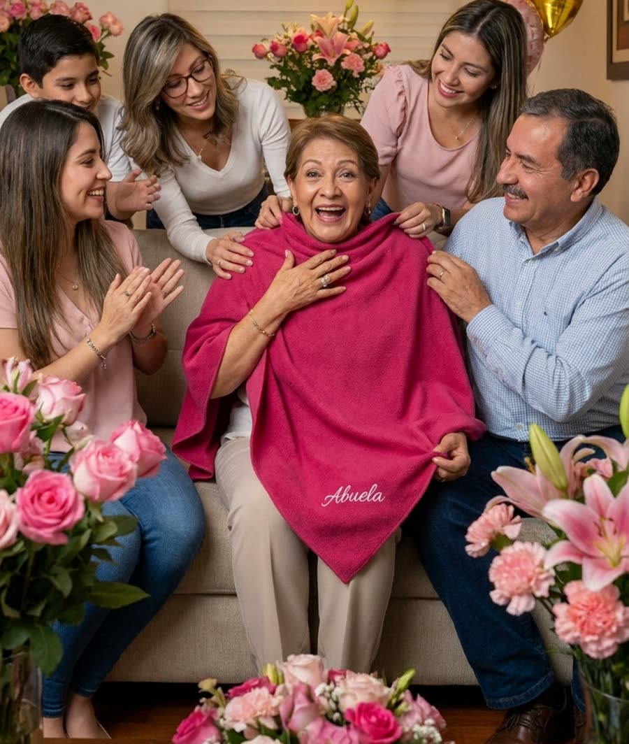 Abuela emocionada recibiendo su cobija personalizada con su nombre bordado